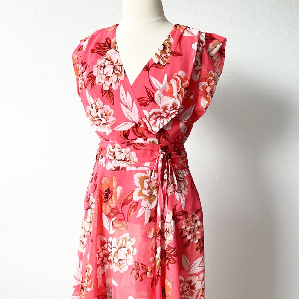 Eliza J Surplice High Low Chiffon Maxi Floral Dress